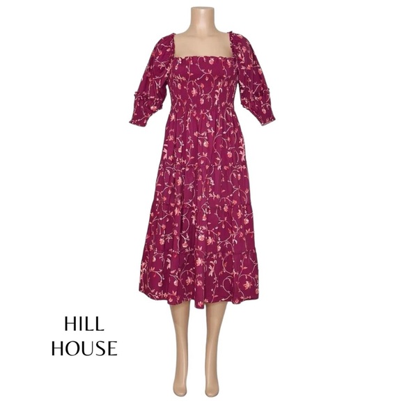 Hill House Home Midi Nesli Tiered Nap Dress in Burgundy Botanical Floral XS - Picture 7 of 12